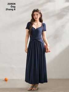 ZHANGDAREN | Đầm Tay Ngắn Phong Cách Pháp Dành Cho Người Mập eo Xoắn Màu Hải Quân Kích Cỡ Lớn