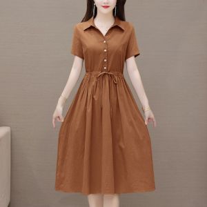 Casual Cotton Linen Dress Womens Stylish Summer Slimming Fashionable Skirt Korean Style A-Line Midi Dress Pure Color