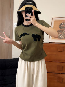 Fleece Lazy Cat Slimming Drawstring Pure Desire Sweet Salt Shoulder round Neck Short Sleeve Cartoon Japanese Style Cute Niche Women Summer T-Shirt