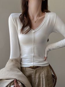 MiiOW | Áo thun nữ cổ chữ V dài tay mùa thu thường ngày cotton co giãn mặc trong ngoài trời áo sơ mi cơ bản