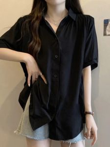plus Size Polo Neck Short Sleeve Shirt Women Summer Loose Belly Covering French Style Mid-Length Shirt Commute Style Casual Fit