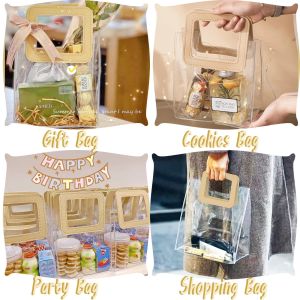 Transparent Bag With A Handle Shopping Handbag Wedding Birthday Party Gift Bag Transparent Handbag PVC Packaging Tote Bags 15*17*8.5CM (White/Red/Champagne)