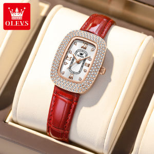 OLEVS Ladies Fashion Watch Original Casual Leather Strap Starry Diamond Dial Waterproof Ladies Watch