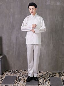 ชุดกางเกงขายาวคอปกกลางแขนสั้นผ้าฝ้ายแท้สำหรับผู้ชาย ชุดฮันฟูสไตล์จีน ชุดบ้าน ชุดฝึกสมาธิ ชุดฝึกซ้อม ชุดฤดูใบไม้ผลิ