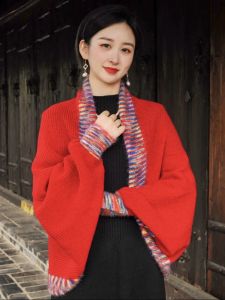 New Arrival Fall and Winter Thickened Knitting Shawl Batwing Sleeve Easiest for Match Rainbow Edge Shawl Heattech Western Style Soft Long Sleeves Cardigan