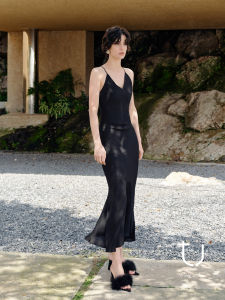 Elegant Long Silk Dress TU Womens 100% Silk Chiffon Black Slim Fit Strapless Dress Inner Wear Mulberry Silk Asymmetrical Skirt