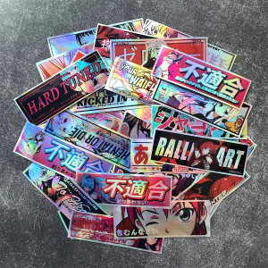 32PCS 12cm Long JDM Anime Girl Car Stickers Laser Rainbow Auto Window Windshield Motorcycle Body Moto Helmet Vinyl Decoration