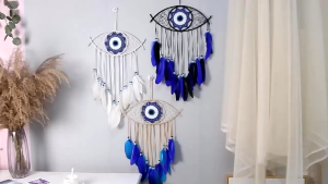 Blue Feather Evil Eye Dream Catcher Boho Room Decor Handmade Eye Wall Hanging Decor