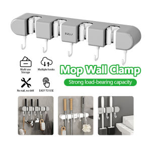 Mop Broom Holder Multifunctional Storage Rack with Hook Wall Mounted Bathroom Kitchen Heavy Duty Tool Hanger Mop Broom Holder Rack Self-adhesive Multipurpose Mop Clamp Traceless Hook