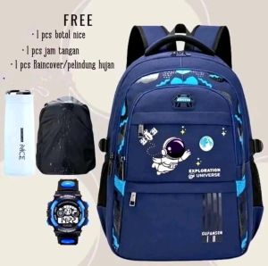 Tas ransel anak laki laki motif astronot free jam tangan botol minum kaca raincover tas sekolah anak SD SMP tas ransel