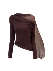 Retro American Style Womens Long Sleeve Base Shirt with Sash Mesh Slant Shoulder Design Early Autumn Coffee Color Slimming Top