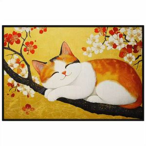Tranh phong thủy con mèo vàng mùa xuân. Tranh treo tường dán tường sơn dầu canvasCGI-1669
