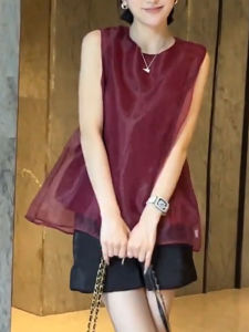 UYFY | Elegant Red Round Neck Sleeveless Vest T-Shirt Womens Fashionable Summer New Style High Quality Loose Fit Satin Fabric Top