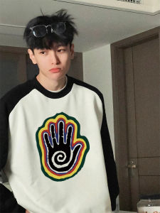 เสื้อยืดคอกลมแขนยาวทรงหลวมสไตล์อเมริกันย้อนยุค สีดำขาว ผ้าฝ้ายแท้ ทรงหลวม สำหรับใส่ในฤดูใบไม้ร่วงและฤดูหนาว