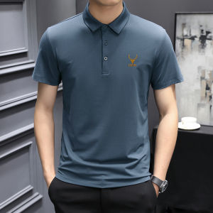 Ice Silk Modal Short Sleeve Polo Shirt Mens Slim Fit Summer Thin Trend Deer Antler Print Button Decorated Standard Style T-Shirt
