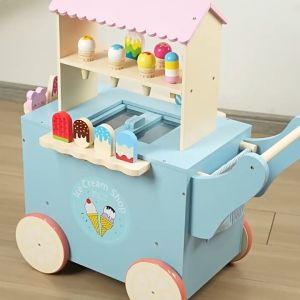 Wooden Ice Cream Cart Toys for Kids Toddlers Pretend Play Food Truck Gift for Girls and Boys 3 Years & Up
