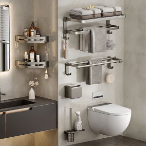 Set Rak Dinding Gantungan Handuk Kamar Mandi Waterproof Grey-Kabinet Gantungan Hanger Tempel Dinding Kamar Mandi Anti Slip-Rak Dinding Universal Jumbo-Kabinet Bathroom Set Hanger Gantungan Pakaian Praktis-Rak Dinding Lipat Kamar Mandi Desain Elegan