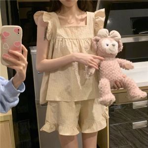 Checkered Sleeveless Suspender Shorts Set Womens Casual Two-Piece Suit Comfortable Breathable Short Pants for Young Ladies