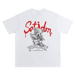 Pure Cotton Short Sleeve T-Shirt American Style round Neck Sport Running Casual Heavyweight Satjdm Cupid Bear Design Youth Fashion