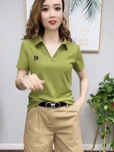 2025 new tops casual summer Western-style age-reducing womens V-neck polo shirts short-sleeved t-shirts womens chic tops