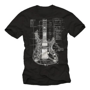 Gifts for Guitarists Mens T-shirt with Electric Guitar - Vintage Blue Print Motif Guitar Print for Men Short-sleeved Mens Tee