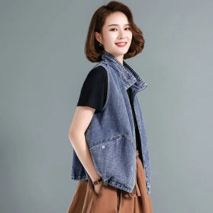 เสื้อกั๊กยีนส์บางสำหรับผู้หญิง ฤดูร้อน 2025 เสื้อคลุมกันหนาวแบบสวมใส่ภายนอก ทรงหลวม ทรงเข้ารูป แขนกุด ผ้าฝ้ายผสม