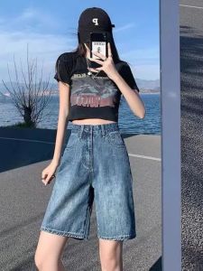 Retro Five-Point Womens Denim Shorts High Waist Loose Slim Straight Leg Mid-Pants Thin Hot Pants Trendy Summer New Arrival