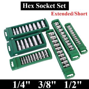 Hex Socket Wrench Head Set 1/4 3/8 1/2 Short Long Socket Deep Nut Driver Sleeve Spanner End Ratchet Tool With Holder