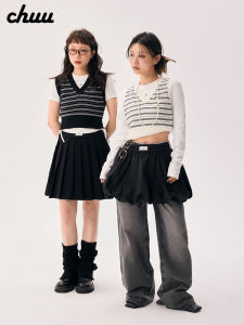 Chuu Embroidered Letter Knitted Vest Womens Sleeveless V-Neck Short Top Striped Color Block Autumn New Arrival Cotton 100%