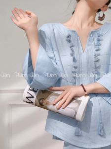 PlumJan | Resort Style Lace Stripe Tassel V-Neck Loose Shirt