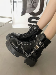 รองเท้าบูทมาร์ตินสีดำ ทรงหนา สำหรับผู้หญิง ฤดูใบไม้ร่วง 2025 รองเท้าบูทสั้นสไตล์อังกฤษ แฟชั่น สไตล์จักรยาน รองเท้าบูทเพิ่มความสูง