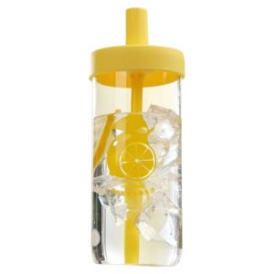 แก้วน้ำทรงกลมพลาสติกสีเหลืองสำหรับผู้หญิงที่ทนทานต่อความร้อนพร้อมเชือกสูบ แก้วน้ำพกพาแบบเรียบง่ายและทันสมัย