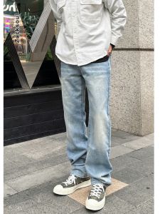 กางเกงยีนส์ทรงตรงสไตล์อเมริกันวินเทจ ทรงหลวม กางเกงขายาวลำลอง ทรงสลิมฟิต กางเกงยีนส์ทรงตรงเอวกลาง ผ้าฝ้ายผสมโพลีเอสเตอร์