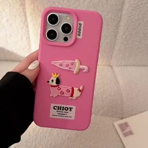 Cute Embroidery Dachshund Dog Phone Case for iPhone 17 16 15 14 13 12 11 pro max Soft Cover