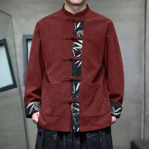 Corduroy Jacket Mens Autumn New Style Retro Color Block Tang Suit New Chinese Style Button Stand Collar Hanfu Long Sleeve Floral Pattern