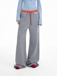 unifree | Quần jogger rộng chân cổ điển màu xám kẻ caro có vá ở eo