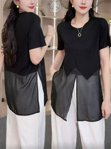 Shalldoer | Round Neck Mesh Splice Short Sleeve T Shirt Womens Lightweight Fashionable Unique Top Casual Loose Fit Basic Solid Color