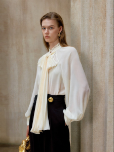 Loose Wrinkled Translucent Design with Ribbon Womens Blouse