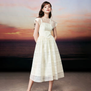 TAMMY TANGS | ชุดเดรสยาวปานกลางสไตล์ฝรั่งเศส ชุดเดรสผู้หญิงทรงเข้ารูป ผ้าลูกไม้ แขนกุด คอตั้ง กระโปรงทรงเอ ชุดทำงาน