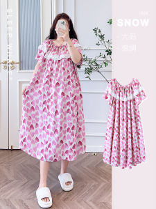 Ultra-Thin Summer Sleep Dress Womens plus Size Ice Silk Cotton Silk Loose Mid-Length Short-Sleeve Lace Evening Gown