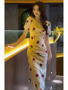 French Elegant Floral Print Short Sleeve Womens Dress Slim Fit Long Skirt Spring Summer Inner Wear Fashionable Casual Dress