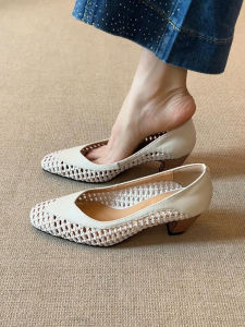 Giày Cao Gót Đế Mềm Da Thật Dệt Rỗng Cổ Điển Cho Nữ Giày Cao Gót Đế Xuồng Đế Dày Màu Trắng Giày Cao Gót Đế Mềm