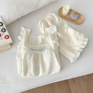 ชุดนอนสตรีฤดูร้อนแบบบูรณาการพร้อมกางเกงขาสั้นแผ่นหน้าอกและเสื้อผ้าบ้านลําลองผ้าฝ้ายถักสองชิ้นยอดนิยม