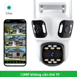 Camera IP Ba Ống Kính 12MP WiFi An Ninh PTZ Ống Kính Kép Tự Động Theo Dõi 8MP HD iCsee Giám Sát Video Trong Nhà Ngoài Trời Chống Nước