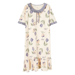 MiiOW | Pure Cotton Short Sleeve Sleep Dress Womens Summer Nightgown Round Neck Sweet External Wearable Gown Casual Home Comfortable