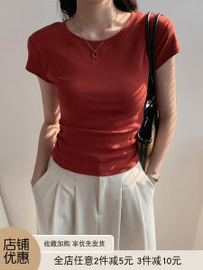 Orange Red round Neck Short Sleeve T-Shirt Women Summer New Design High Waist Short Style Cotton Blend Elastic Fiber Top