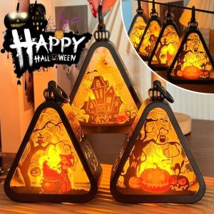 Terrifying Pumpkin Ghost Triangle Handheld Light Exquisite Halloween Ghost House Nightlight LED Battery Skeleton Hand Light Fixture Party Scene Lantern