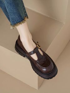 Goatskin Version Artsy Vintage Leather Shoes Chunky Heel Platform Mary Jane Shoes Leather round Head High Heel JK Uniform Flats Women