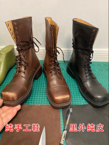 Handmade Leather Martin Boots Womens Vintage Waxed Color Rough Heel Mid-Calf Lace-Up Boots British Style Square Head Shoes