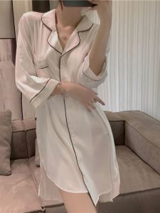 ชุดนอนผู้หญิงแขนสั้นผ้าไหมน้ำแข็งสีขาว ทรงหลวม แขนสั้น ฤดูใบไม้ผลิและฤดูร้อน ชุดนอนเซ็กซี่ ชุดนอนผู้หญิง ชุดนอนผู้หญิง